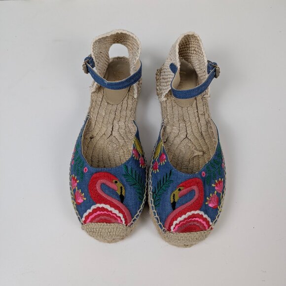 Boden | Blue Flamingo Embroidered Ankle Strap Espadrille Sandals Size US 5.5 - Picture 1 of 8